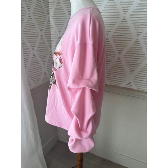 Women’s Small Christmas Nativity Bow Pink Ruched Sleeve Crewneck Sweatshirt - Picture 2 of 4